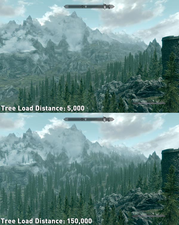 Различная дальность прорисовки деревьев в игре TES IV: Skyrim