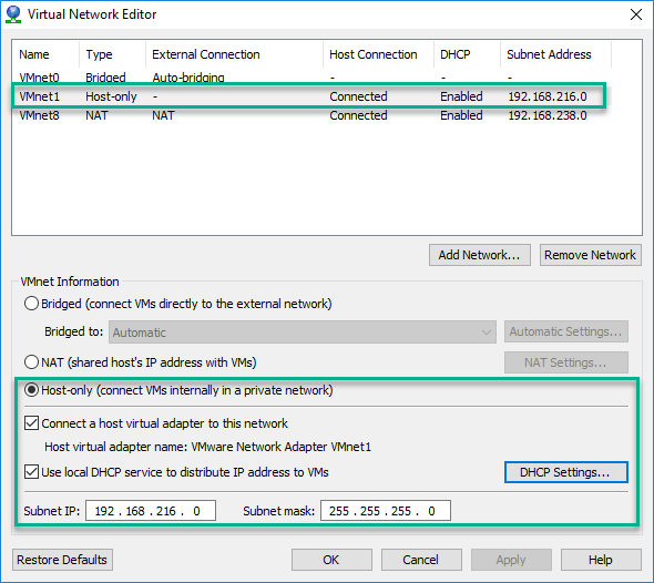 Пример настроек сети Host-only в VMware Workstation